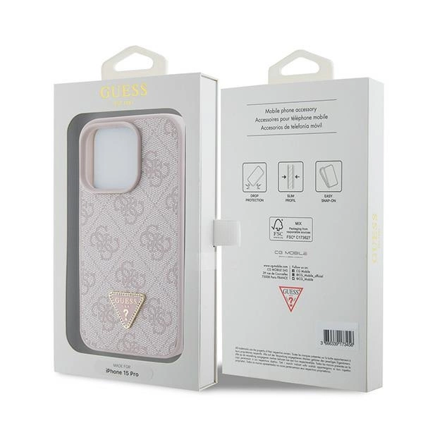 Guess Leather 4G Triangle Strass iPhone 15 Pro Case - Pinkeng