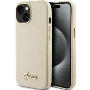 Guess Glitter Glossy Script case for iPhone 15 - goldeng