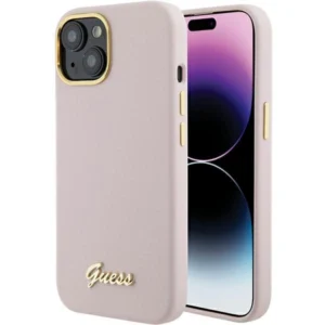Guess Silicone Script Metal Logo & Frame case for iPhone 15 - pinkeng