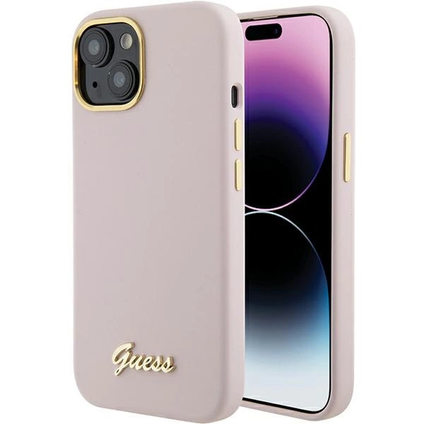 Guess Silicone Script Metal Logo & Frame case for iPhone 15 - pinkeng