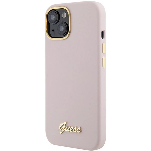 Guess Silicone Script Metal Logo & Frame case for iPhone 15 - pinkeng