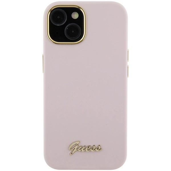 Guess Silicone Script Metal Logo & Frame case for iPhone 15 - pinkeng