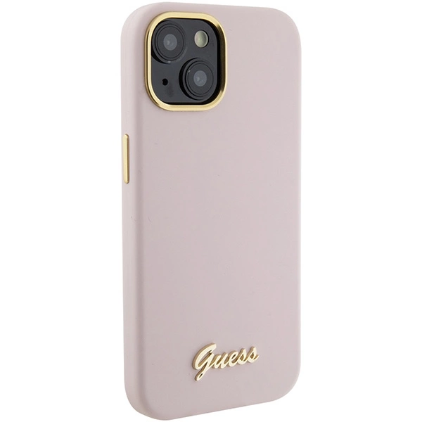 Guess Silicone Script Metal Logo & Frame case for iPhone 15 - pinkeng