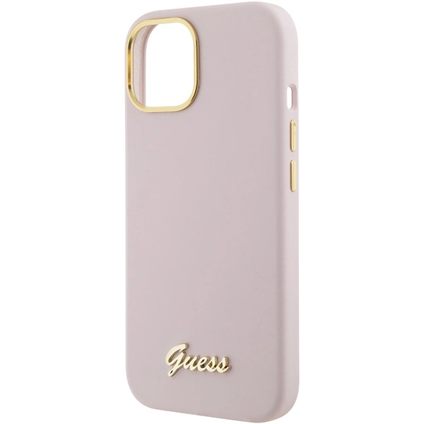 Guess Silicone Script Metal Logo & Frame case for iPhone 15 - pinkeng