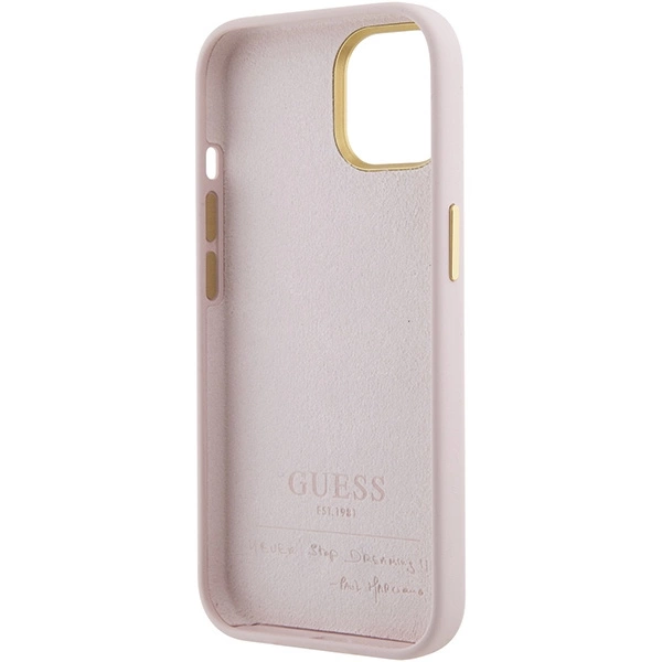 Guess Silicone Script Metal Logo & Frame case for iPhone 15 - pinkeng
