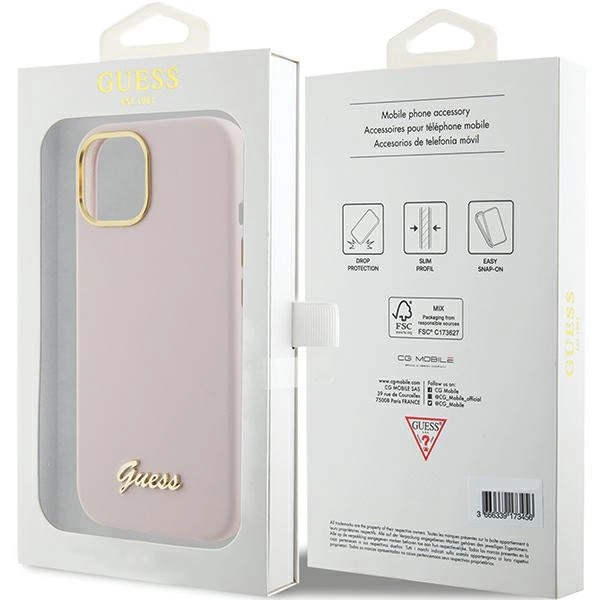 Guess Silicone Script Metal Logo & Frame case for iPhone 15 - pinkeng