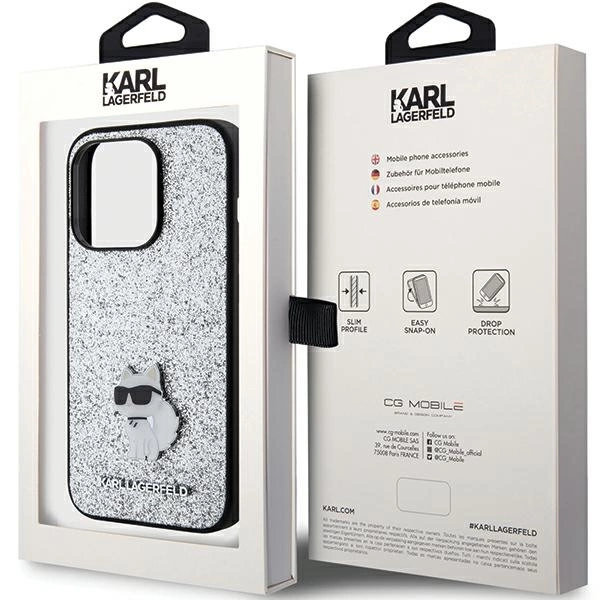 Karl Lagerfeld Fixed Glitter Choupette Logo Metal Pin Case for iPhone 15 Pro - Silvereng
