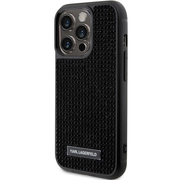 Karl Lagerfeld Rhinestone Logo Metal Plate case for iPhone 15 Pro - blackeng