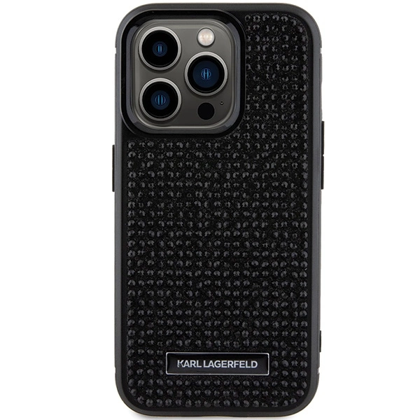 Karl Lagerfeld Rhinestone Logo Metal Plate case for iPhone 15 Pro - blackeng
