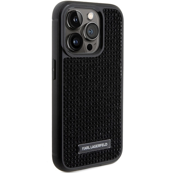 Karl Lagerfeld Rhinestone Logo Metal Plate case for iPhone 15 Pro - blackeng