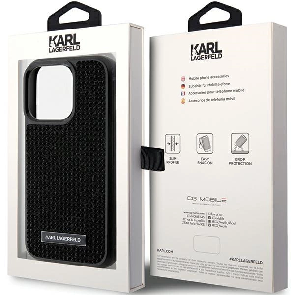 Karl Lagerfeld Rhinestone Logo Metal Plate case for iPhone 15 Pro - blackeng
