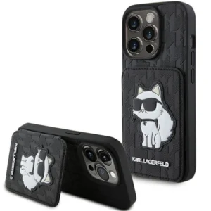 Karl Lagerfeld Saffiano Cardslots and Stand Monogram Choupette Case for iPhone 15 Pro - Blackeng