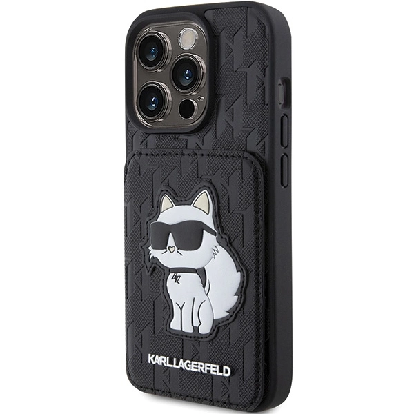 Karl Lagerfeld Saffiano Cardslots and Stand Monogram Choupette Case for iPhone 15 Pro - Blackeng