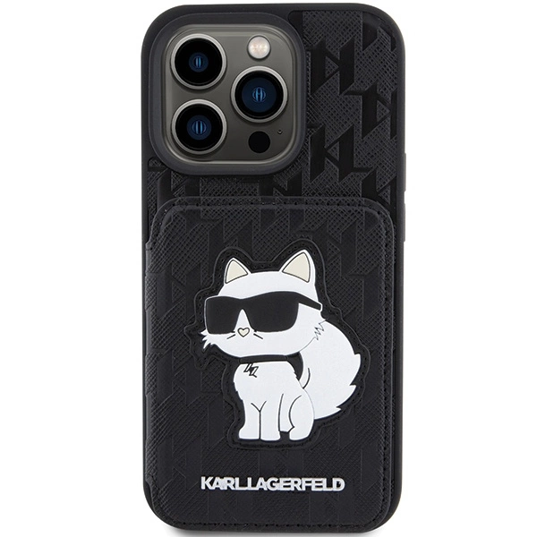 Karl Lagerfeld Saffiano Cardslots and Stand Monogram Choupette Case for iPhone 15 Pro - Blackeng