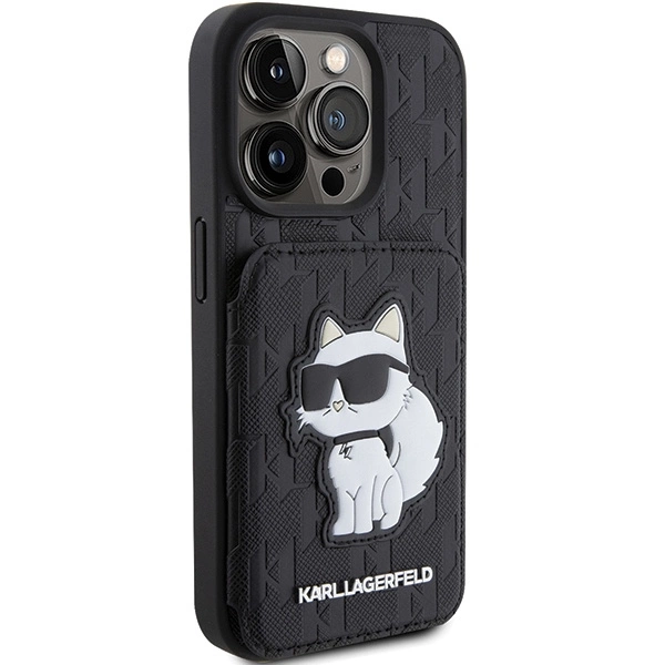 Karl Lagerfeld Saffiano Cardslots and Stand Monogram Choupette Case for iPhone 15 Pro - Blackeng