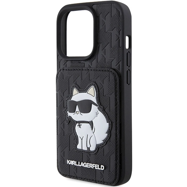 Karl Lagerfeld Saffiano Cardslots and Stand Monogram Choupette Case for iPhone 15 Pro - Blackeng