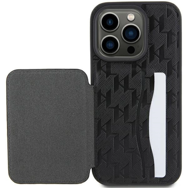 Karl Lagerfeld Saffiano Cardslots and Stand Monogram Choupette Case for iPhone 15 Pro - Blackeng