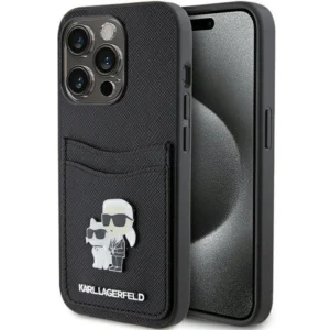 Karl Lagerfeld Saffiano Cardslot Karl&Choupette Metal Pin case for iPhone 15 Pro - blackeng