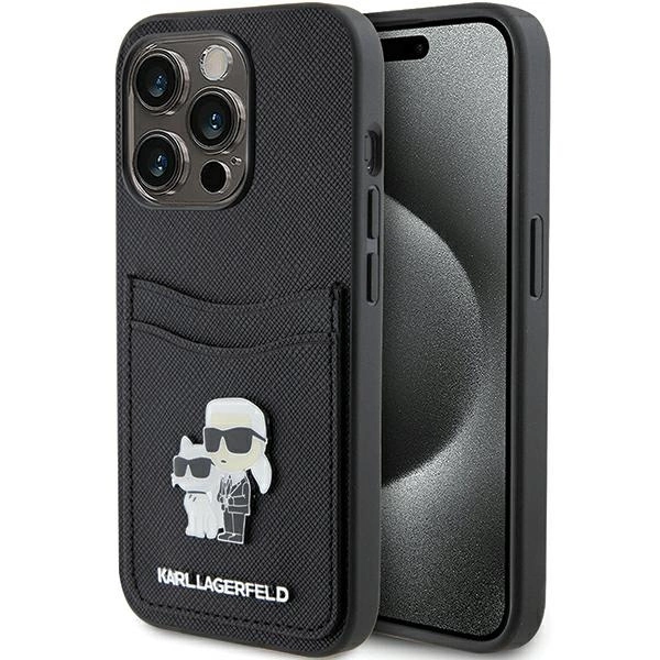 Karl Lagerfeld Saffiano Cardslot Karl&Choupette Metal Pin case for iPhone 15 Pro - blackeng
