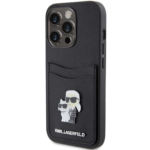 Karl Lagerfeld Saffiano Cardslot Karl&Choupette Metal Pin case for iPhone 15 Pro - blackeng