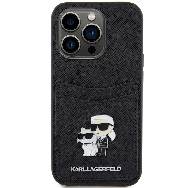Karl Lagerfeld Saffiano Cardslot Karl&Choupette Metal Pin case for iPhone 15 Pro - blackeng