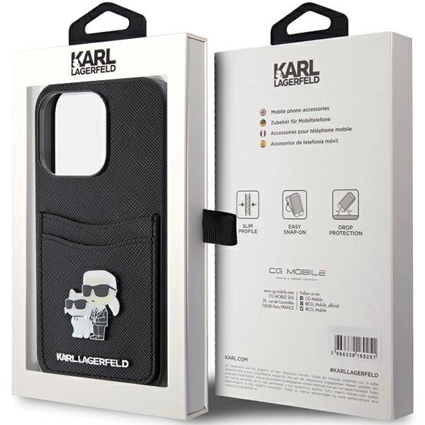 Karl Lagerfeld Saffiano Cardslot Karl&Choupette Metal Pin case for iPhone 15 Pro - blackeng