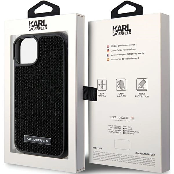 Karl Lagerfeld Rhinestone Logo Metal Plate case for iPhone 15 - blackeng