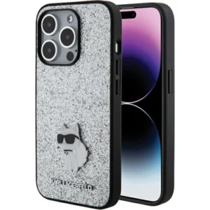 Karl Lagerfeld Fixed Glitter Choupette Logo Metal Pin Case for iPhone 15 Pro Max - Silvereng