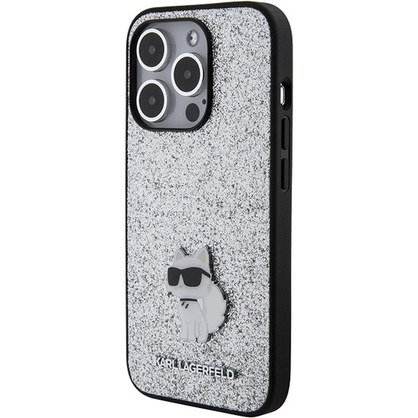Karl Lagerfeld Fixed Glitter Choupette Logo Metal Pin Case for iPhone 15 Pro Max - Silvereng