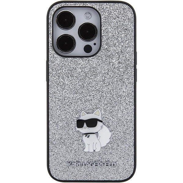 Karl Lagerfeld Fixed Glitter Choupette Logo Metal Pin Case for iPhone 15 Pro Max - Silvereng