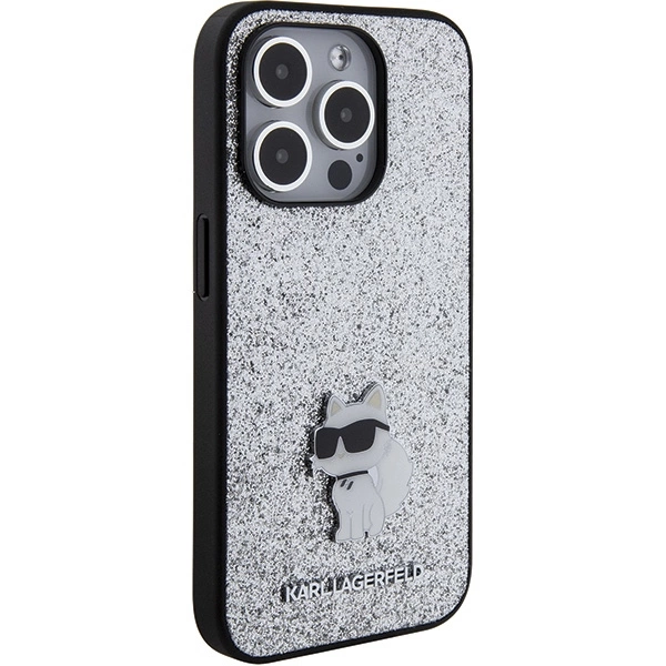 Karl Lagerfeld Fixed Glitter Choupette Logo Metal Pin Case for iPhone 15 Pro Max - Silvereng