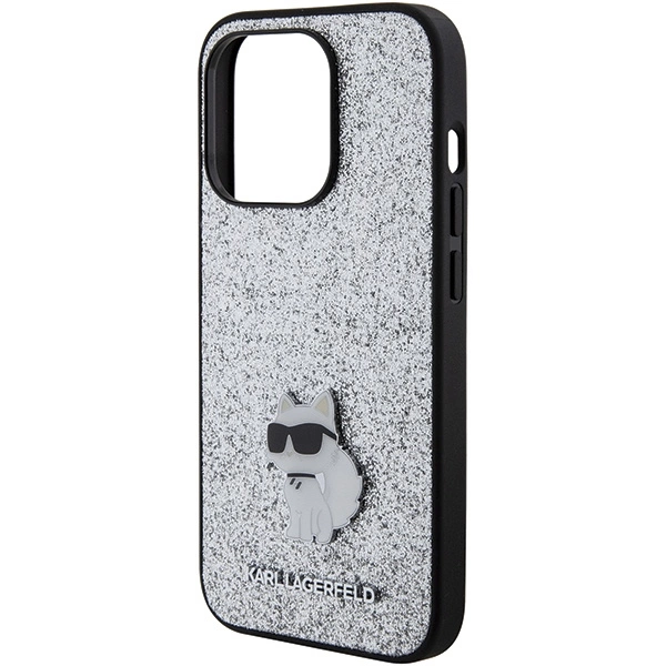 Karl Lagerfeld Fixed Glitter Choupette Logo Metal Pin Case for iPhone 15 Pro Max - Silvereng