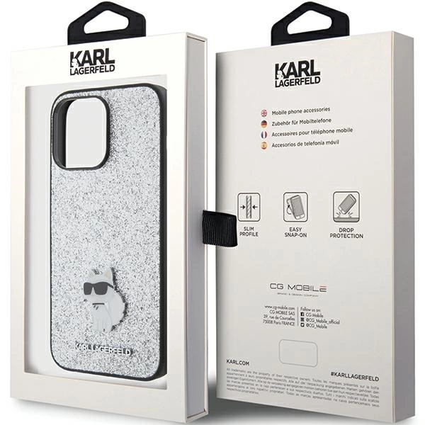 Karl Lagerfeld Fixed Glitter Choupette Logo Metal Pin Case for iPhone 15 Pro Max - Silvereng