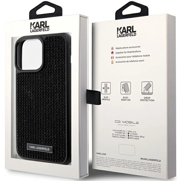 Karl Lagerfeld Rhinestone Logo Metal Plate case for iPhone 15 Pro Max - blackeng