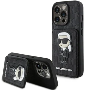 Karl Lagerfeld Saffiano Cardslots and Stand Monogram Ikonik Patch case for iPhone 15 Pro Max - blackeng