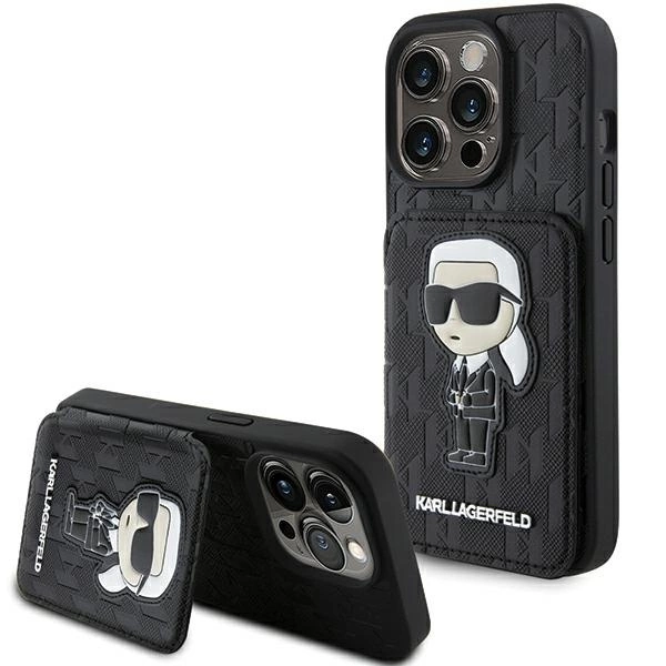 Karl Lagerfeld Saffiano Cardslots and Stand Monogram Ikonik Patch case for iPhone 15 Pro Max - blackeng