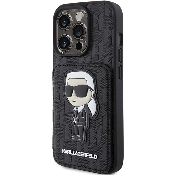 Karl Lagerfeld Saffiano Cardslots and Stand Monogram Ikonik Patch case for iPhone 15 Pro Max - blackeng