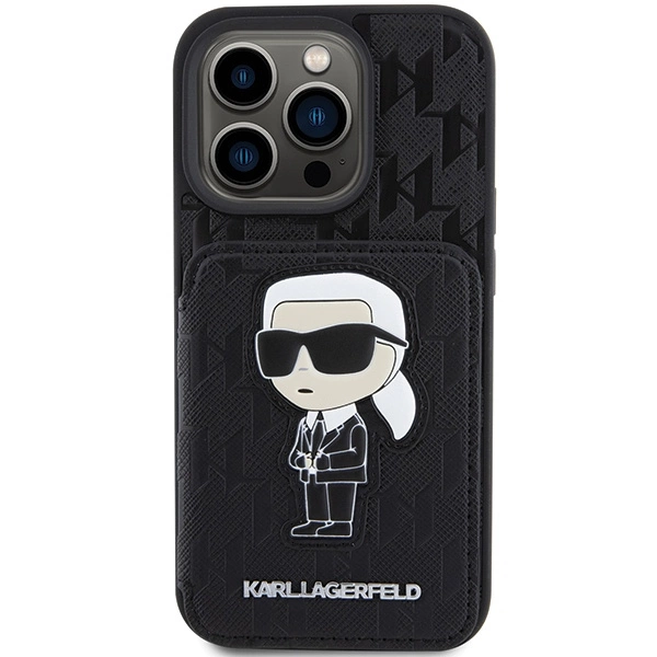 Karl Lagerfeld Saffiano Cardslots and Stand Monogram Ikonik Patch case for iPhone 15 Pro Max - blackeng