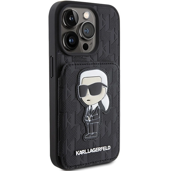 Karl Lagerfeld Saffiano Cardslots and Stand Monogram Ikonik Patch case for iPhone 15 Pro Max - blackeng