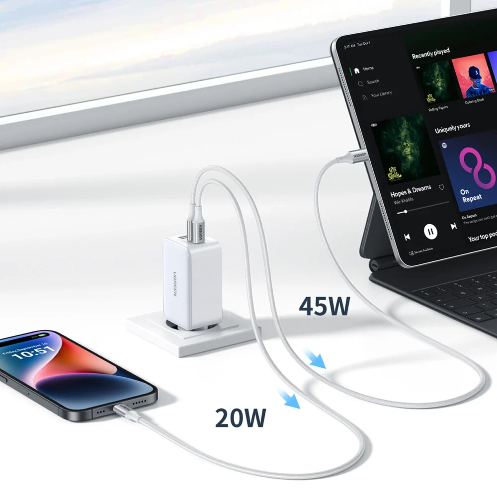 Ugreen CD244 65W USB-A / 2x USB-C GaN fast charger - whiteeng