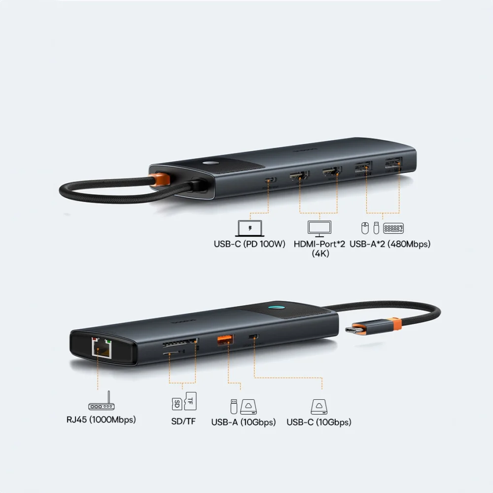 HUB 10in1 Baseus Metal Gleam Series USB-C to USB-C PD / USB-C / 3x USB-A / 2x HDMI / RJ-45 / SD / TF - blackeng