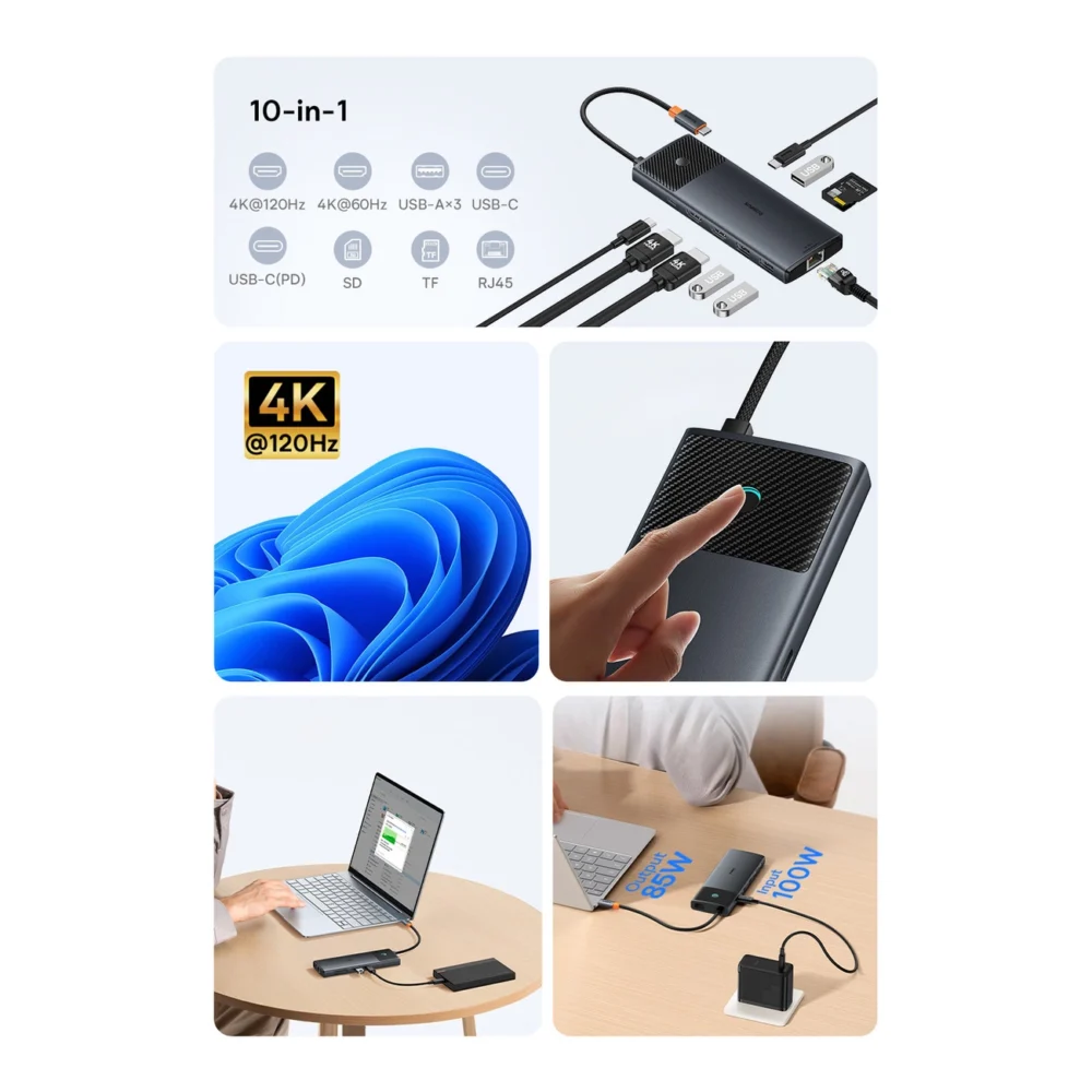 HUB 10in1 Baseus Metal Gleam Series USB-C to USB-C PD / USB-C / 3x USB-A / 2x HDMI / RJ-45 / SD / TF - blackeng
