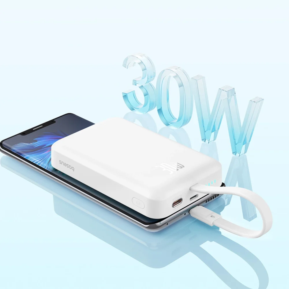 Baseus Magnetic Mini MagSafe 10000mAh 30W powerbank with built-in USB-C cable - white + Baseus Simple Series USB-C - USB-C 60W 0.3m cableeng