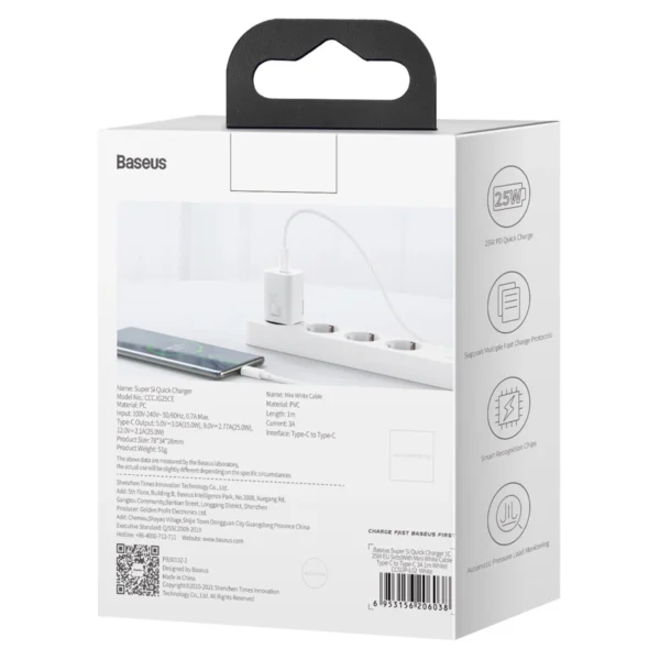 Baseus Si USB-C 25W 3A fast charger with USB-C / USB-C 1m cable - whiteeng