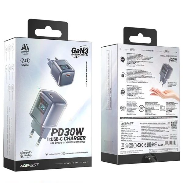 Acefast A53 PD 30W GaN USB-C charger with display - grayeng