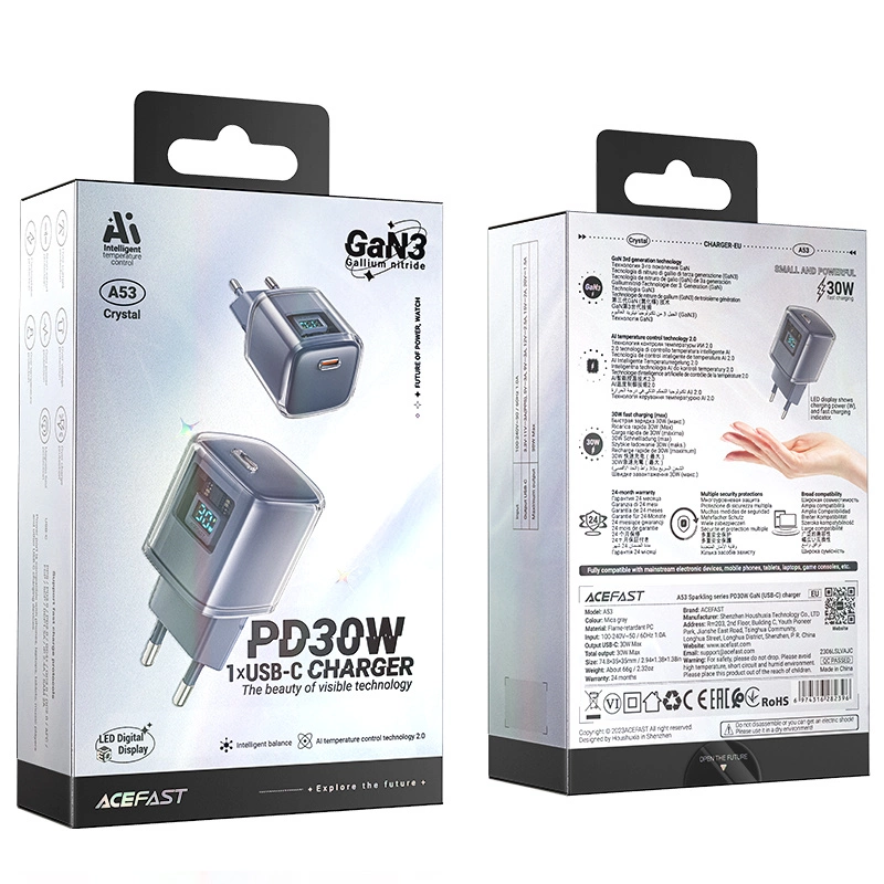 Acefast A53 PD 30W GaN USB-C charger with display - grayeng