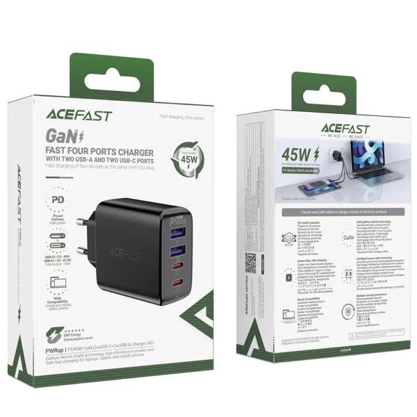 Acefast A61 PD 45W GaN charger 2 x USB-C + 2 x USB-A with 4 ports - blackeng