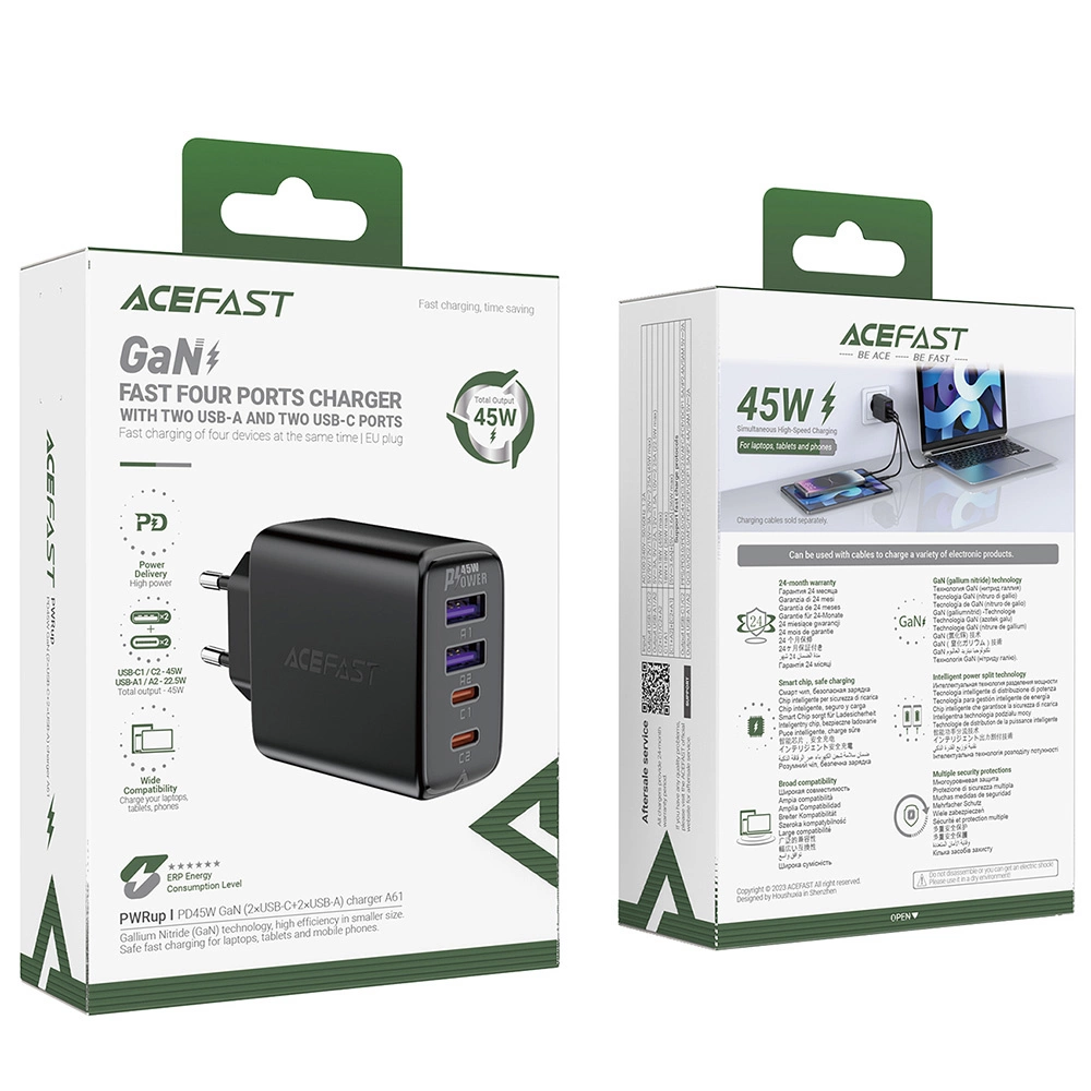 Acefast A61 PD 45W GaN charger 2 x USB-C + 2 x USB-A with 4 ports - blackeng