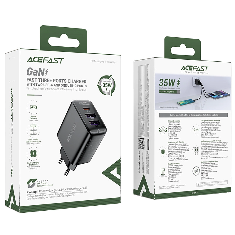 Acefast A57 PD 35W GaN charger 2 x USB-A + USB-C with 3 ports - blackeng