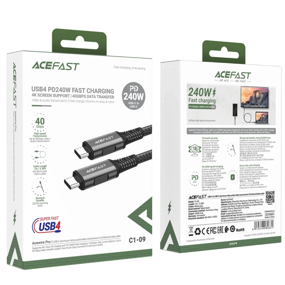 Acefast C1-09 USB-C / USB-C USB4 PD3.1 cable 5A 1m - gray-blackeng